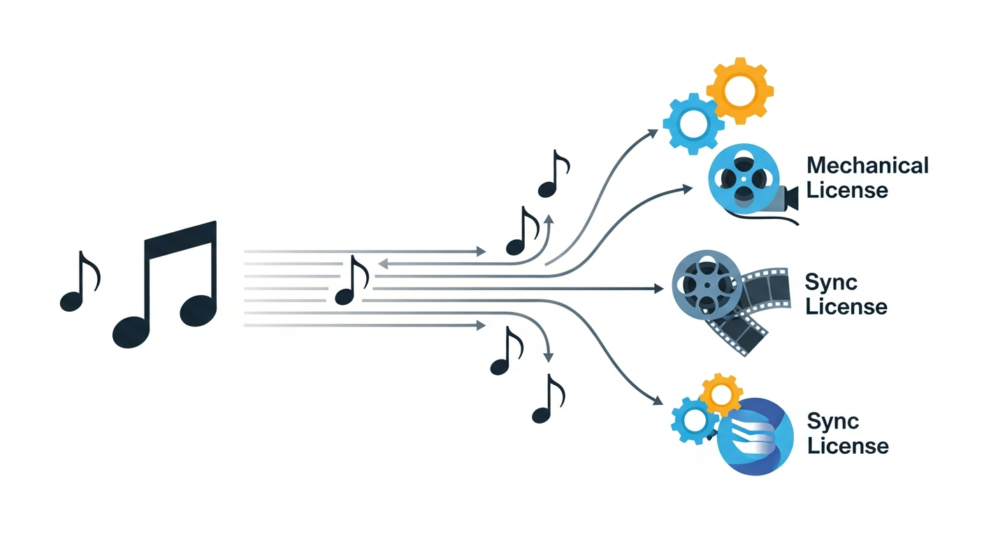 Visualizing mechanical license and sync license pathways for distributing cover songs legally.