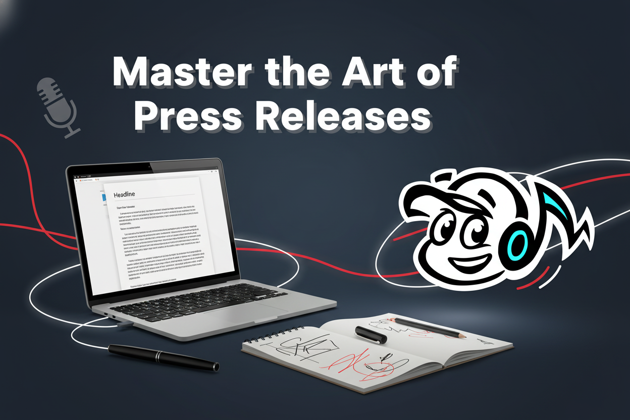 A founder or consultant's desk with a laptop showing a press release, a notebook, and a pen, symbolizing the process of crafting a compelling press release.