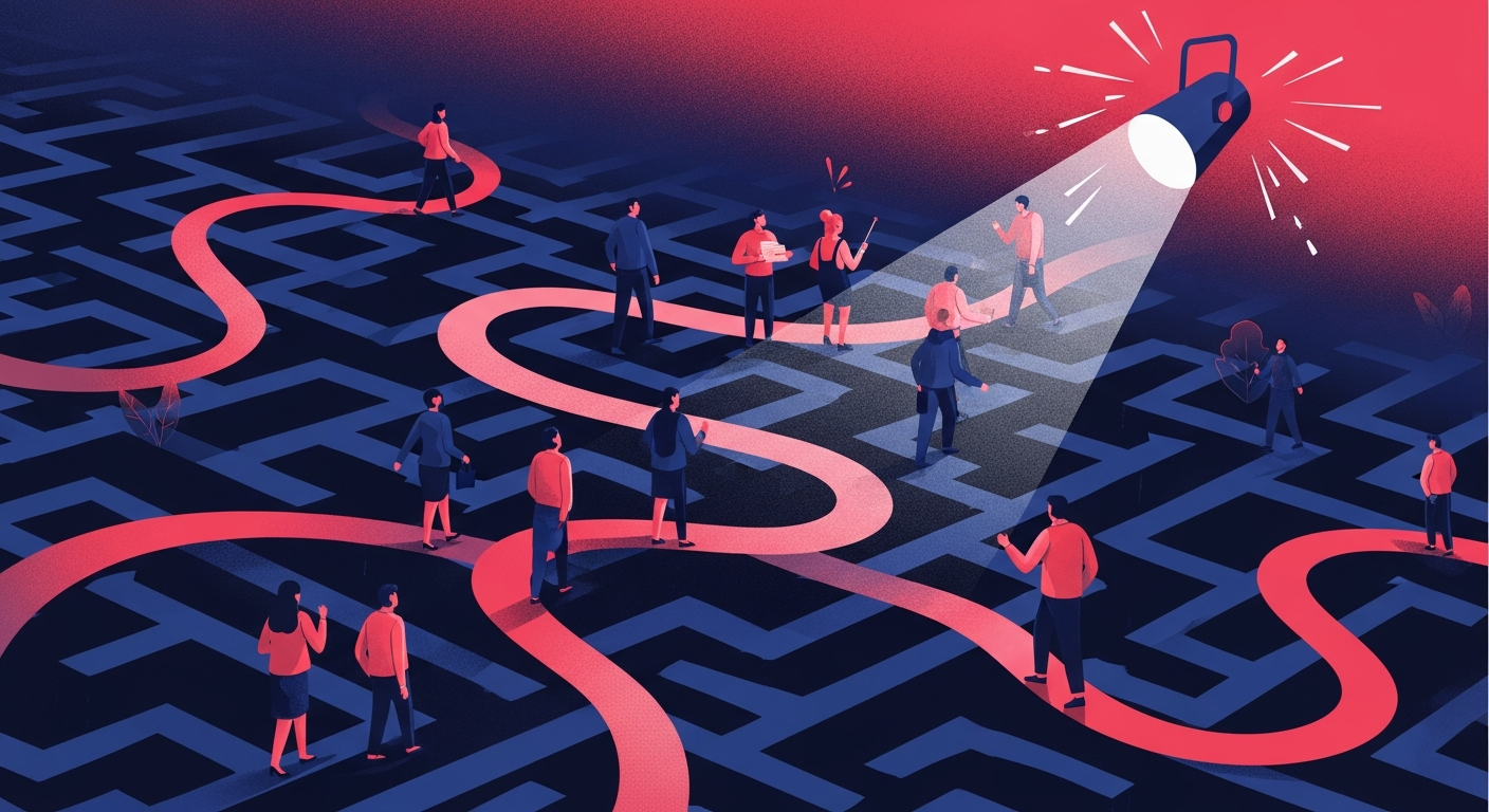 An illustration showing a path through a complex media landscape leading to a clear, illuminated communication channel, representing effective press release distribution and gaining visibility.