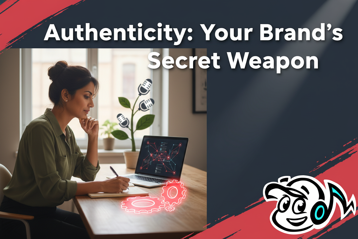 Founder or consultant thoughtfully crafting an authentic brand story at a desk, symbolizing connection and trust.