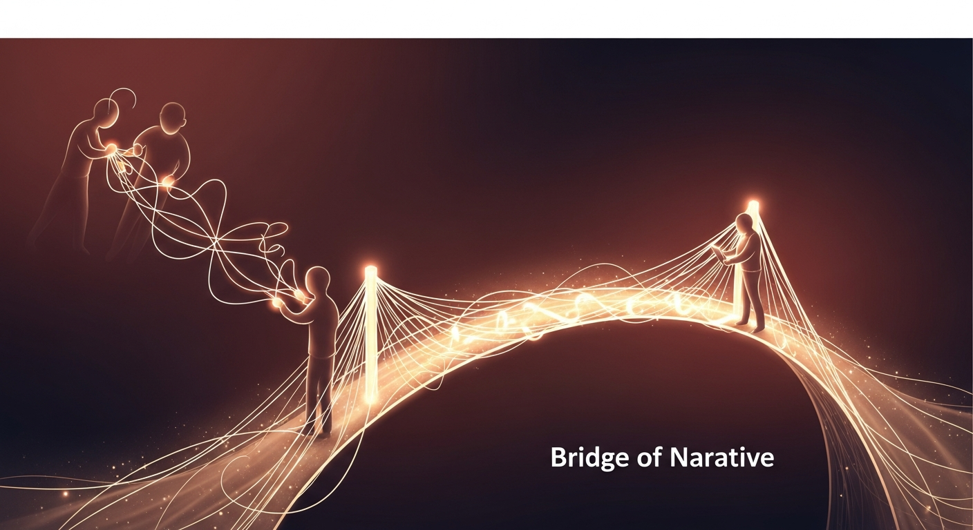 Abstract illustration showing glowing story threads connecting people, symbolizing how brand narratives build emotional bridges and trust.