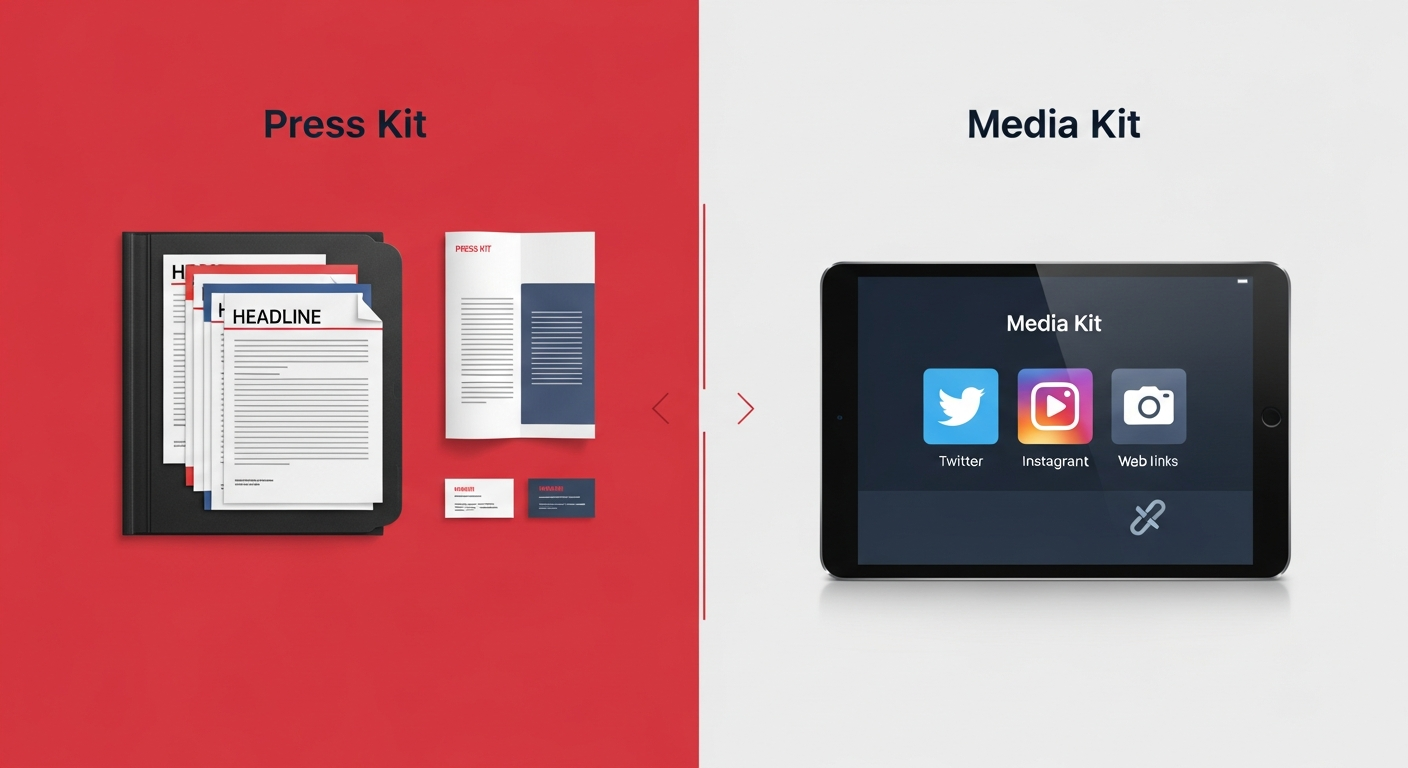 Visual comparison clarifying the differences between a traditional press kit and a modern digital media kit.