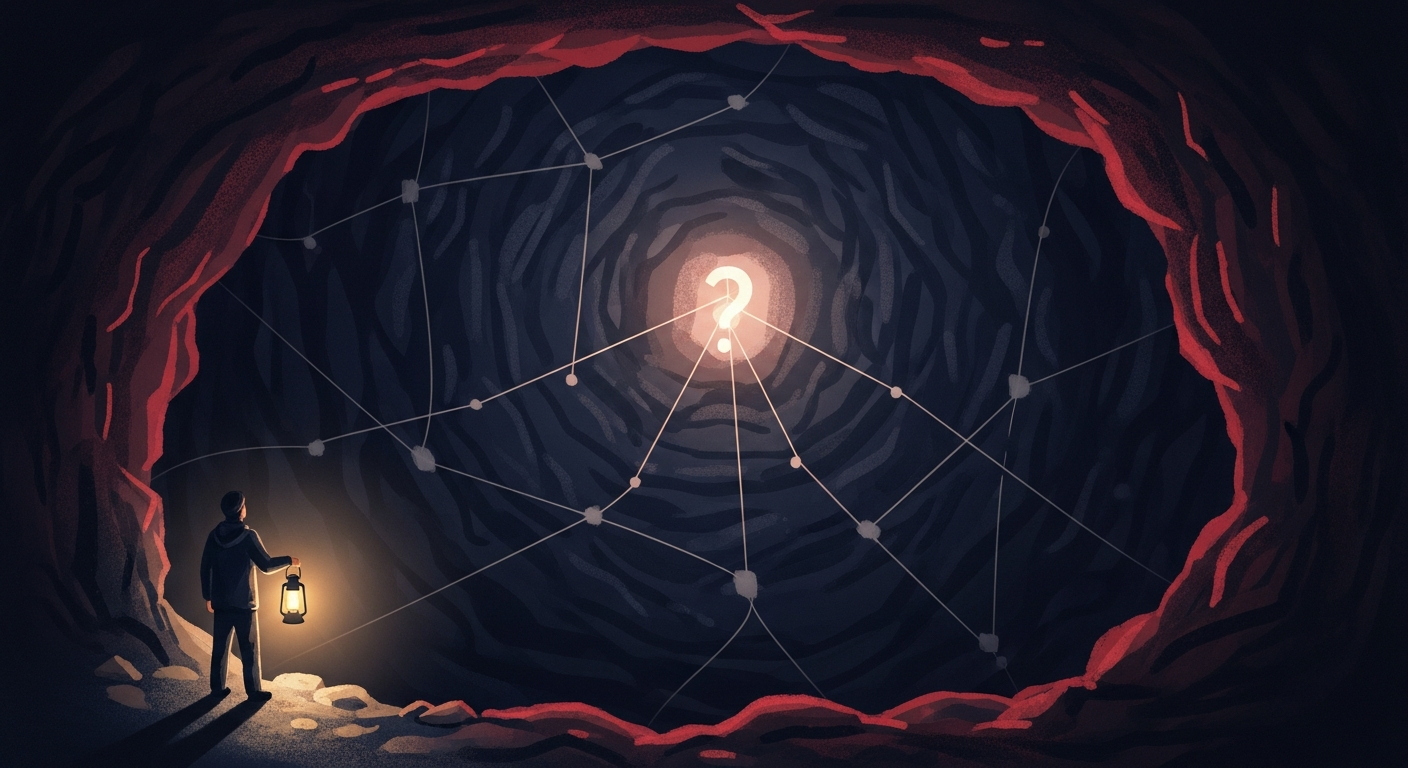 A person with a lantern exploring a metaphorical cave, illuminating interconnected life experiences and motivations, symbolizing the deep dive into one's past to uncover an authentic founder story.