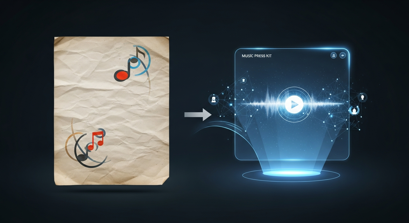 Comparison of a traditional music press kit versus a modern digital music onesheet, highlighting the evolution of artist promotion.