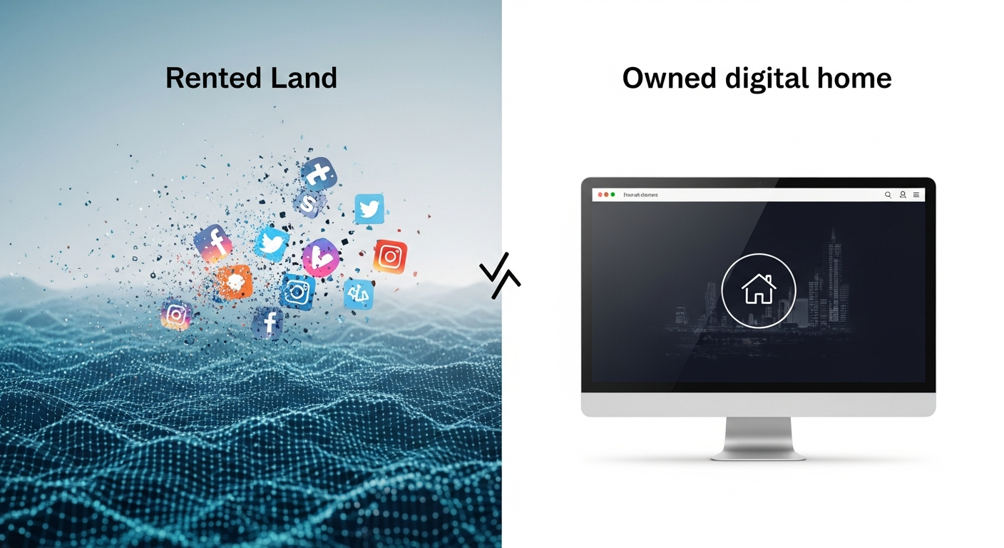 Visualizing owning your digital home: a stable artist website versus fleeting social media platforms.