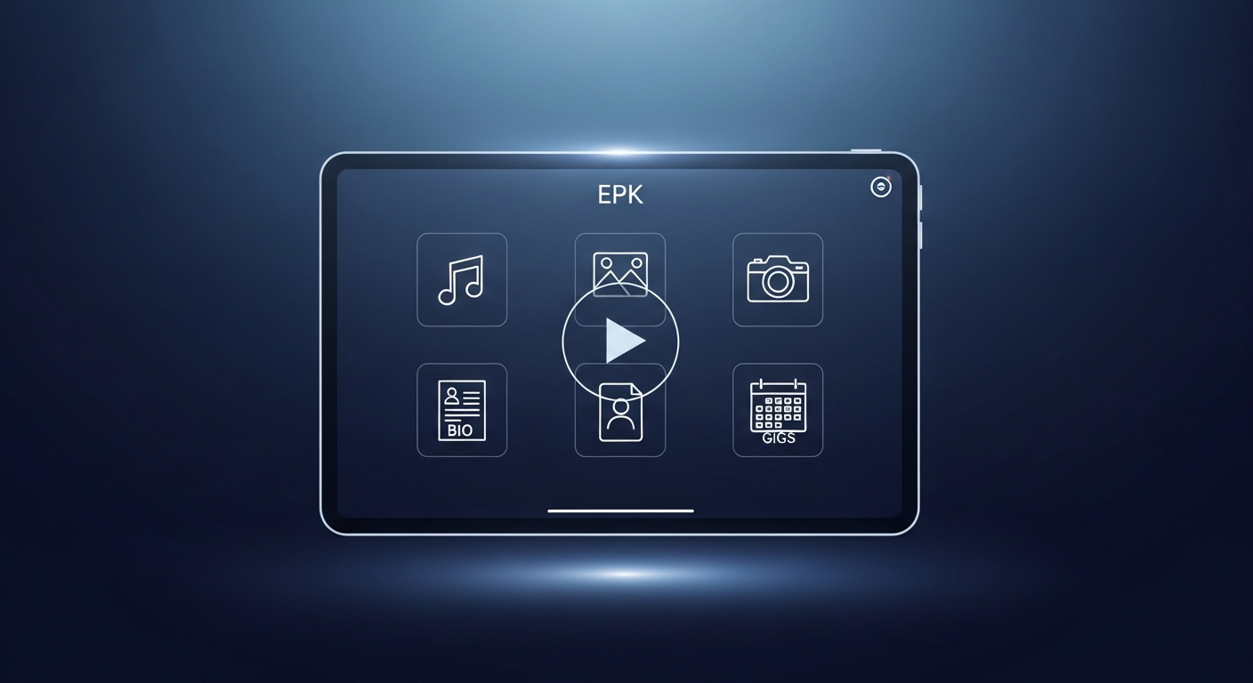 Visual representation of electronic press kit elements on a digital screen, like a modern artist's digital resume.