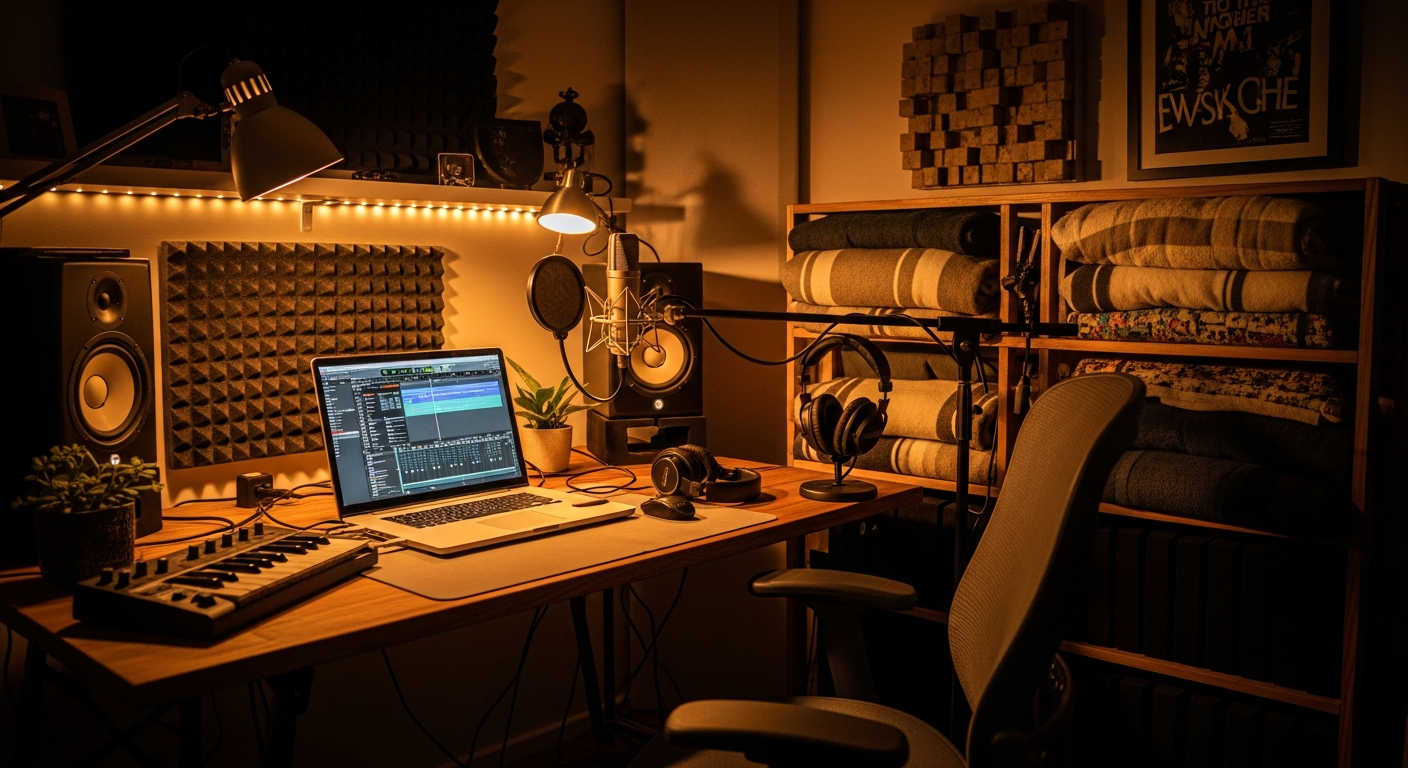 A home studio on a budget, showing affordable music production equipment for independent artists.