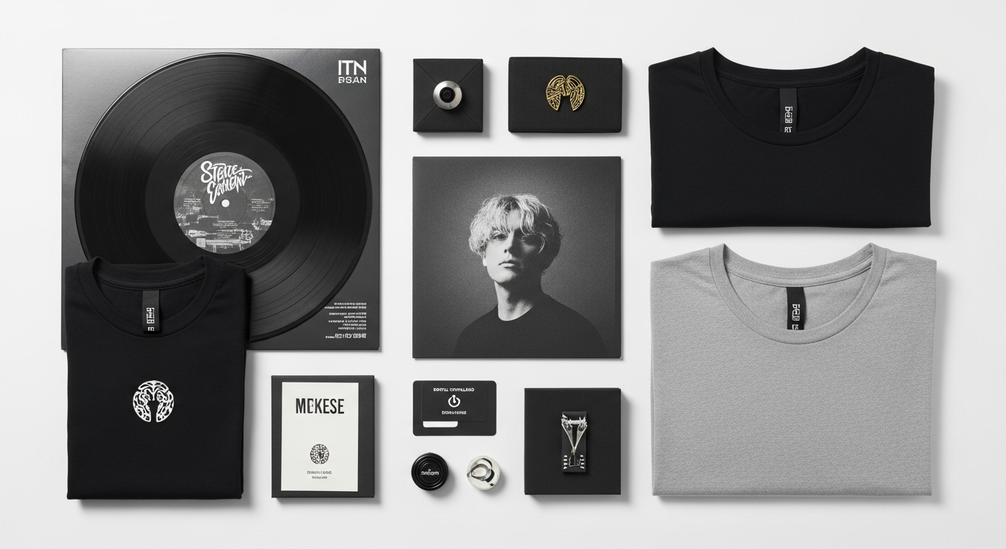 Curated music merch bundle featuring vinyl, t-shirt, and digital content, illustrating artist merchandise ideas.