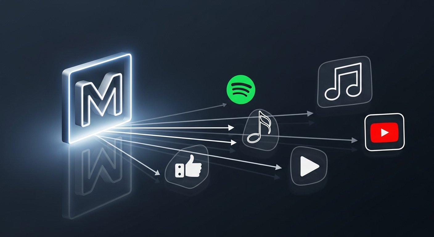 An image illustrating a music smart link as a central hub, connecting a single point to multiple music streaming services, social media, and artist platforms.