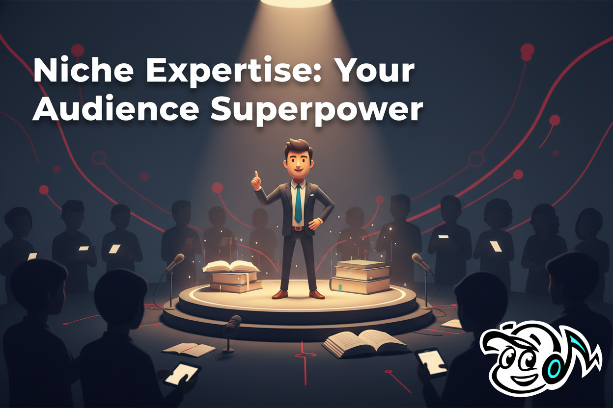 Creator on stage, spotlighted, representing niche expertise, engaging a diverse audience, built on knowledge blocks.