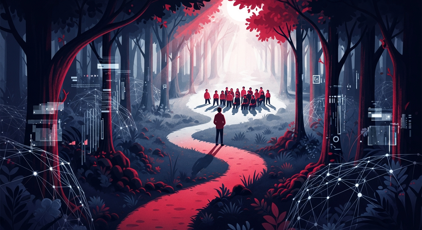 Creator navigating a noisy digital landscape towards a clear space with a dedicated, engaged audience, symbolizing the journey from niche knowledge to audience impact.