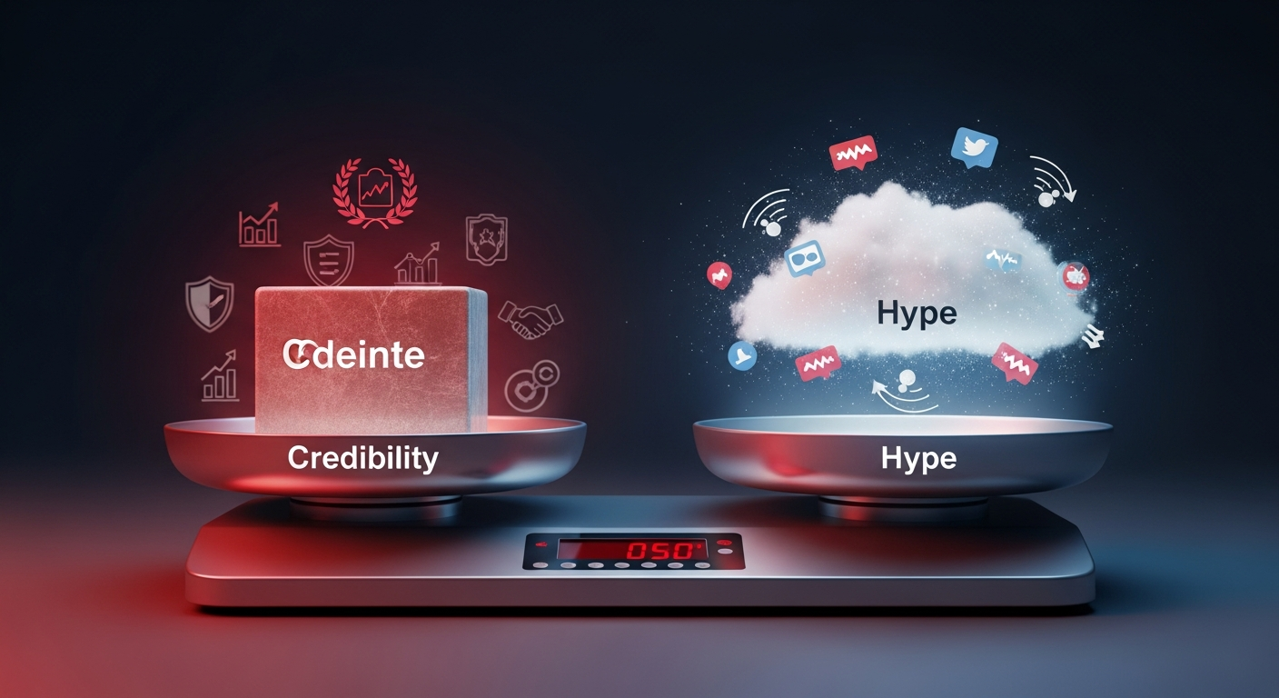 An illustration depicting a digital scale balancing 'Credibility' as a solid block against 'Hype' as a fleeting cloud, symbolizing the creator's dilemma.