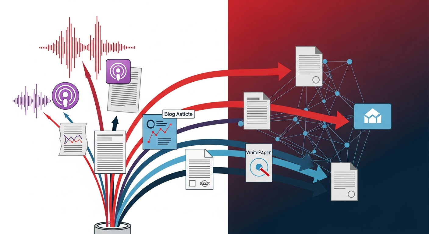 Visual representation of content repurposing strategy for building online authority and a credible presence.