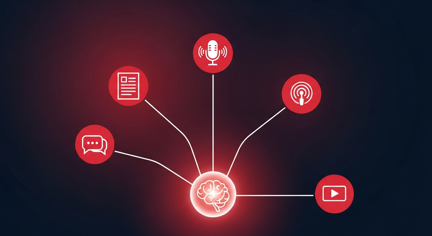 An entrepreneur's single idea transforming into multiple content formats through repurposing.