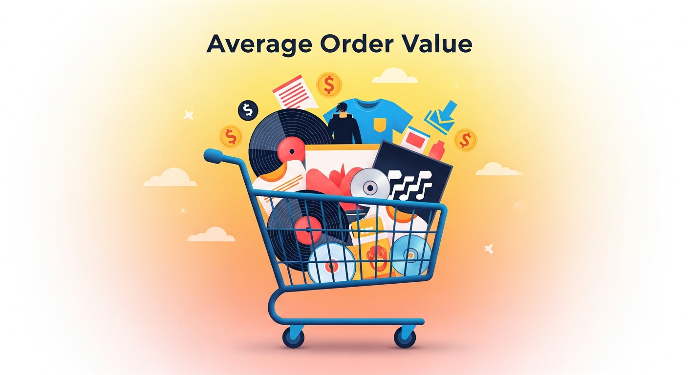 Illustration showing increased average order value for musicians through fan experience bundles.