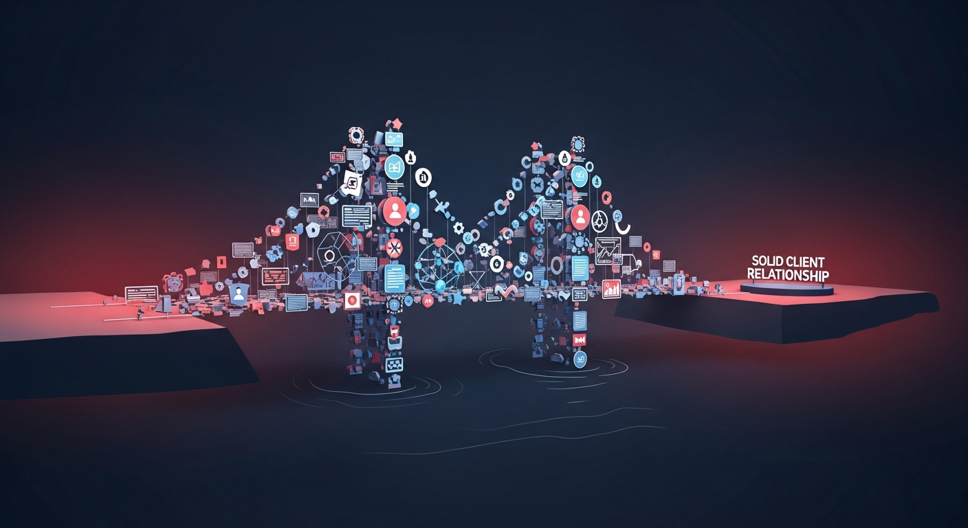 A conceptual image showing digital marketing elements forming a bridge to a trusted client relationship, symbolizing effective B2B consultant marketing.