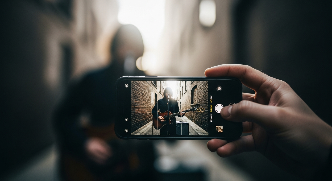 Smartphone filming a musician, illustrating how to shoot a music video with an iPhone and achieve creative music video ideas on a budget.