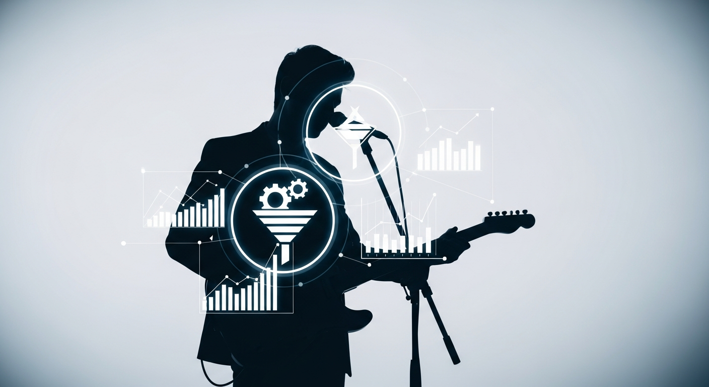 Conceptual image of an independent artist juggling creative and business roles, symbolizing entrepreneurship, marketing, and strategic planning in music.