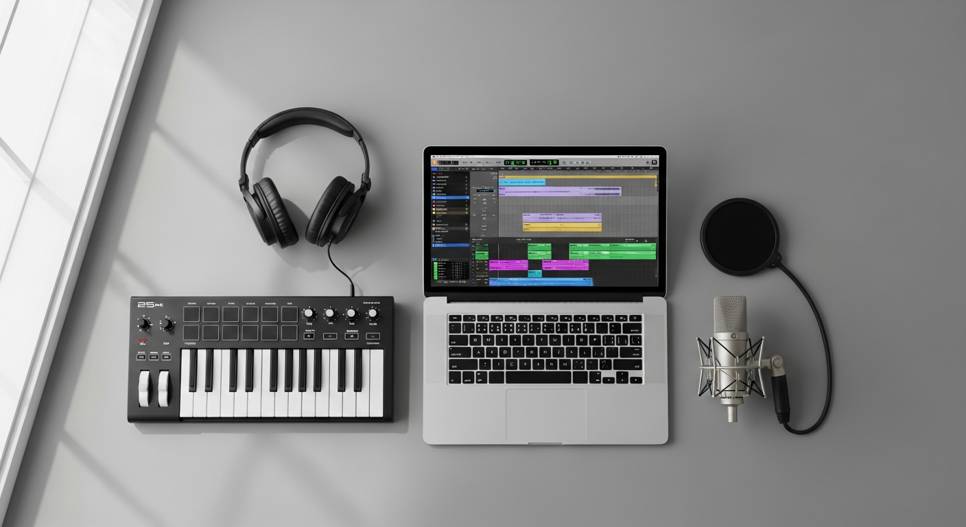 Essential home studio equipment for beginner DIY music production, including a MIDI keyboard, headphones, microphone, and laptop with a DAW.