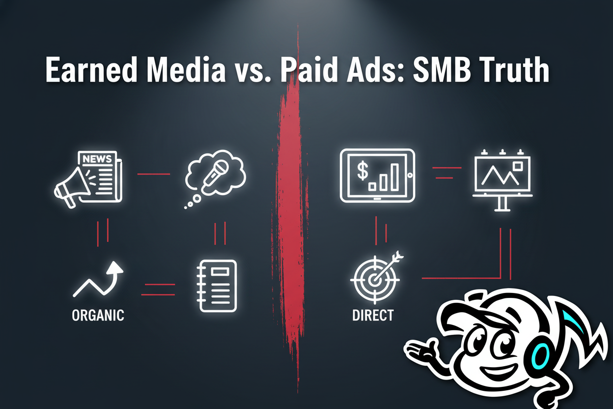 A small business owner choosing between two paths: earned media (represented by a megaphone and news clippings) and paid advertising (represented by digital ads and a billboard).