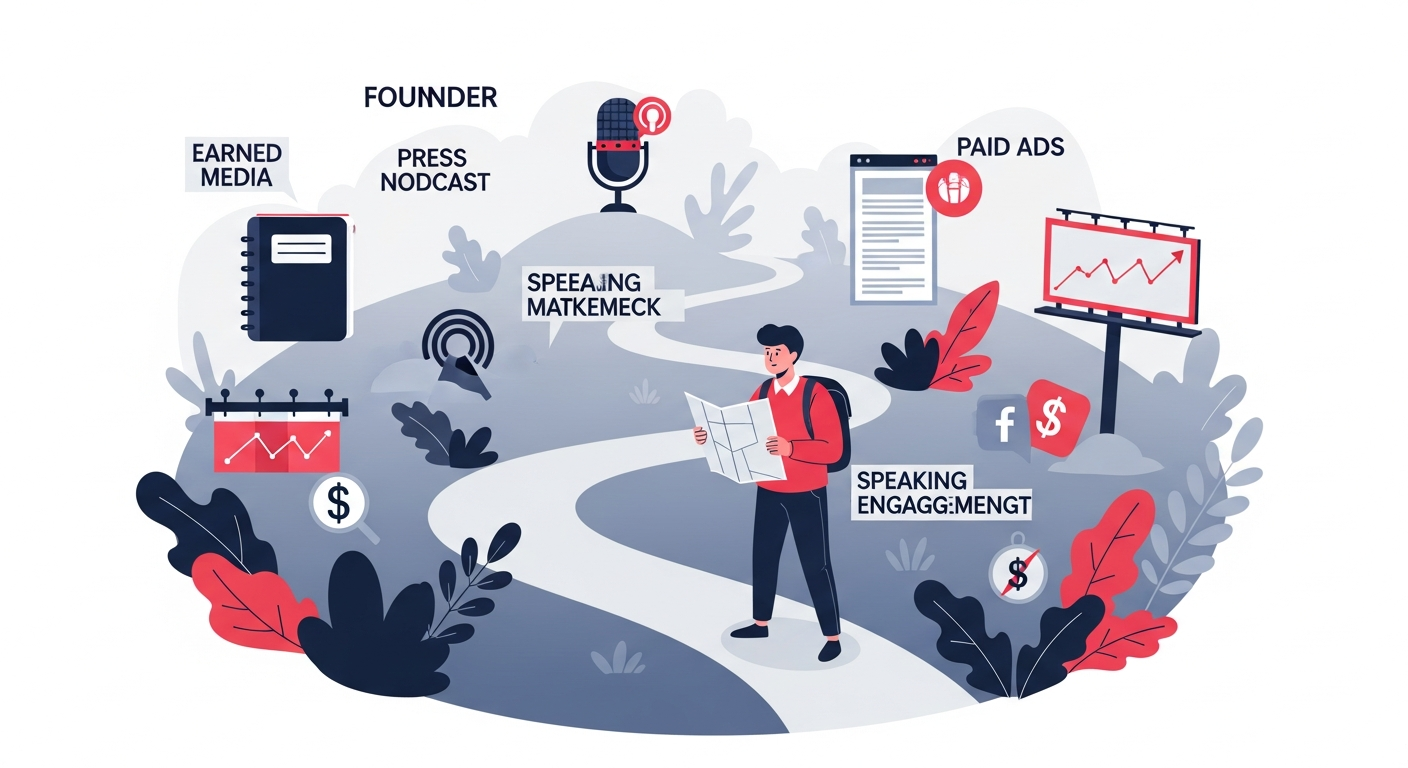 A founder navigating a marketing landscape, choosing between earned media tools like a journalist's notebook and paid ad tools like a social media icon.