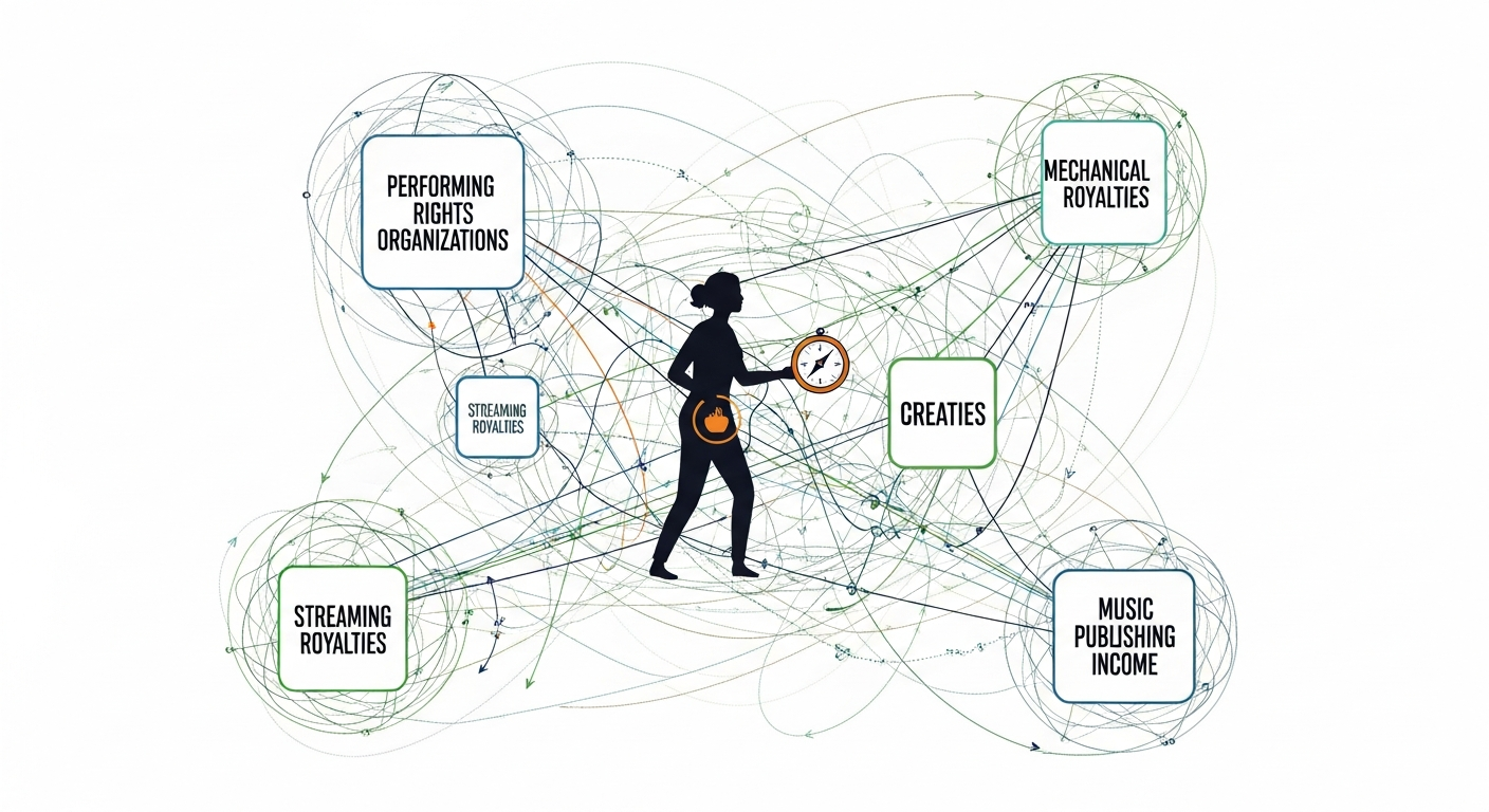 Infographic illustrating the complex web of music royalties, including Performing Rights Organizations, mechanical royalties, and streaming income.