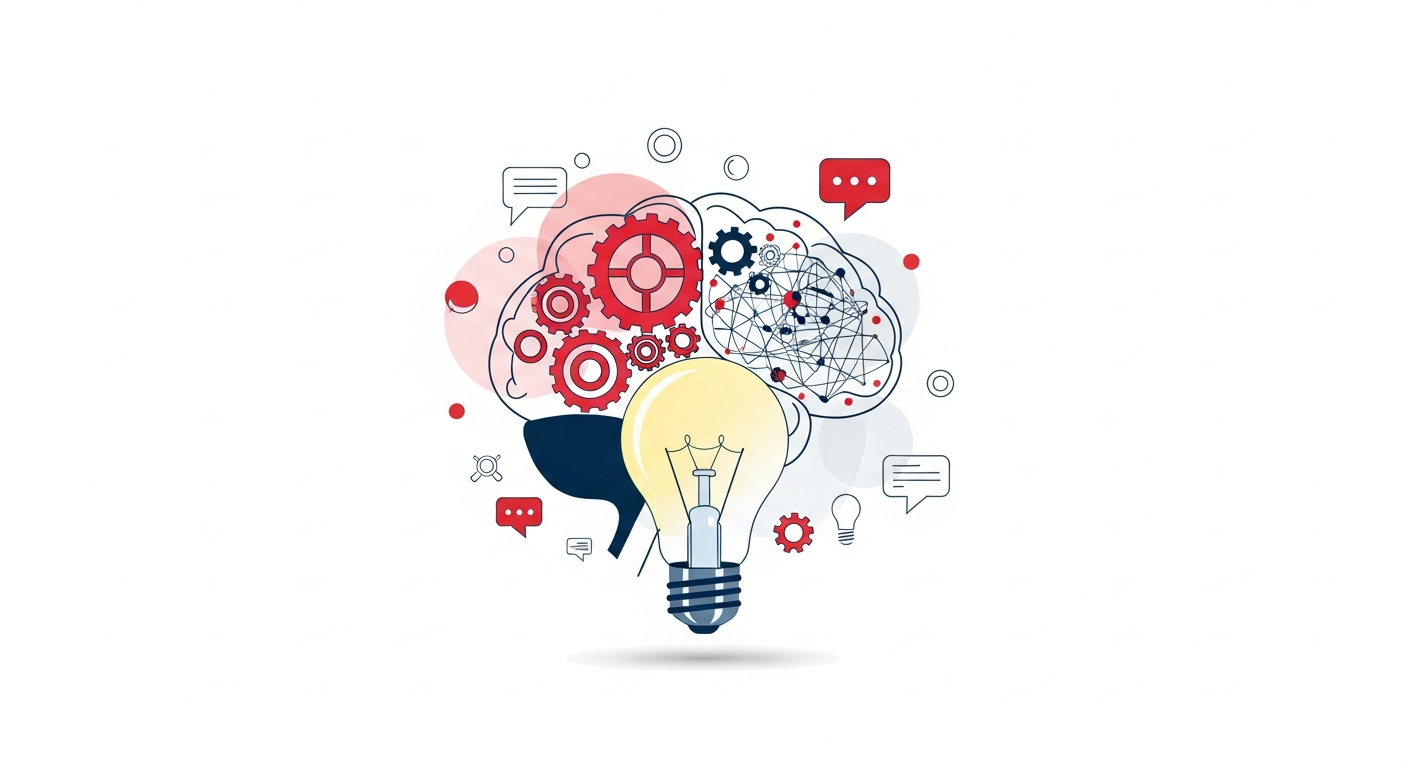 Conceptual illustration depicting a lightbulb illuminating a network of ideas and communication pathways, symbolizing the strategic importance of an elevator pitch as a foundational narrative asset for businesses.