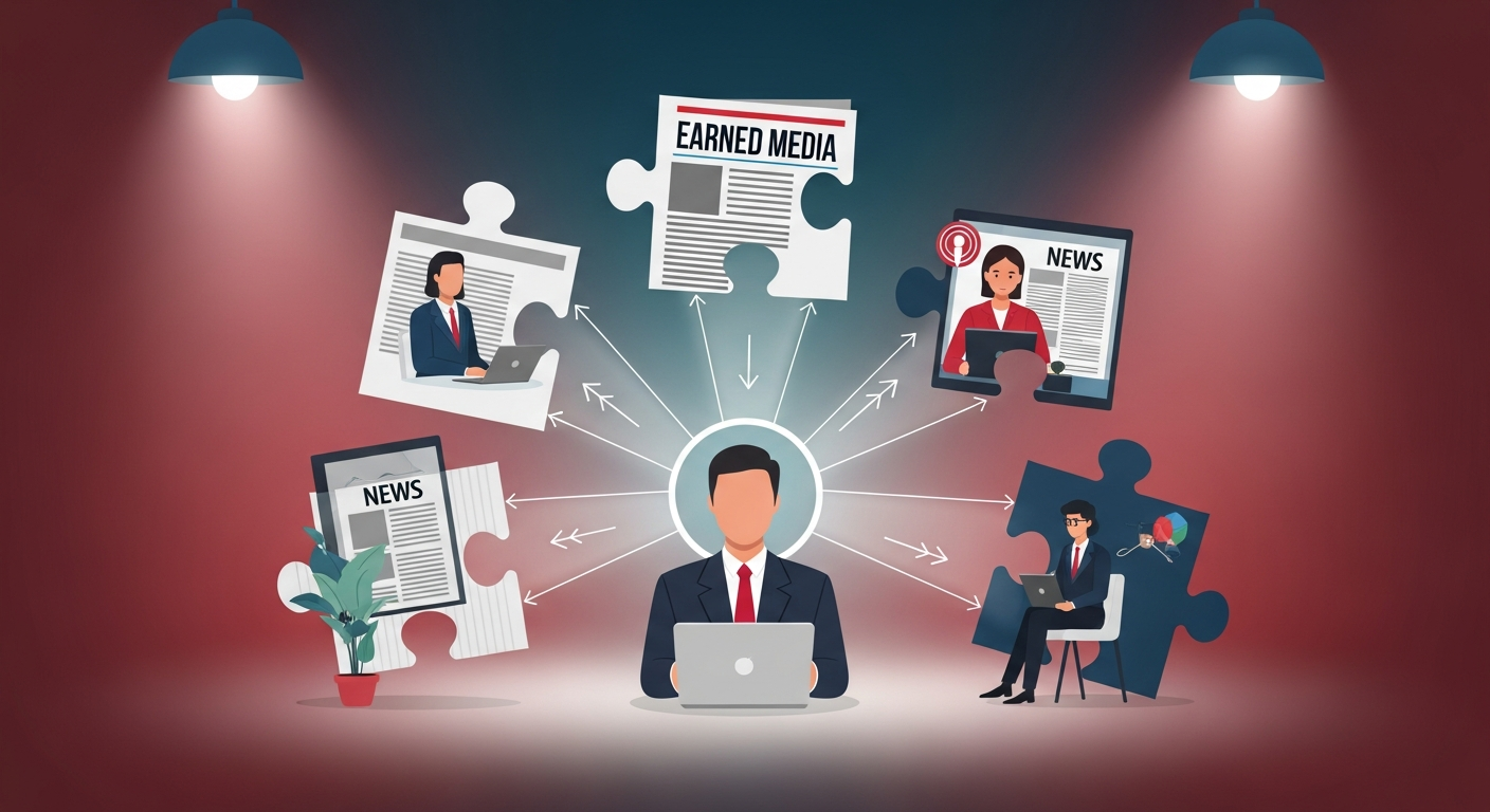 Visual representation of earned media types surrounding an entrepreneur, highlighting trust and authority
