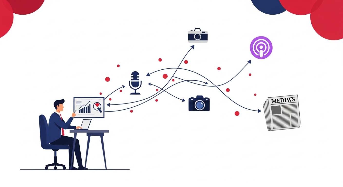 Conceptual illustration of an entrepreneur's journey from developing insights to achieving media visibility and thought leadership.