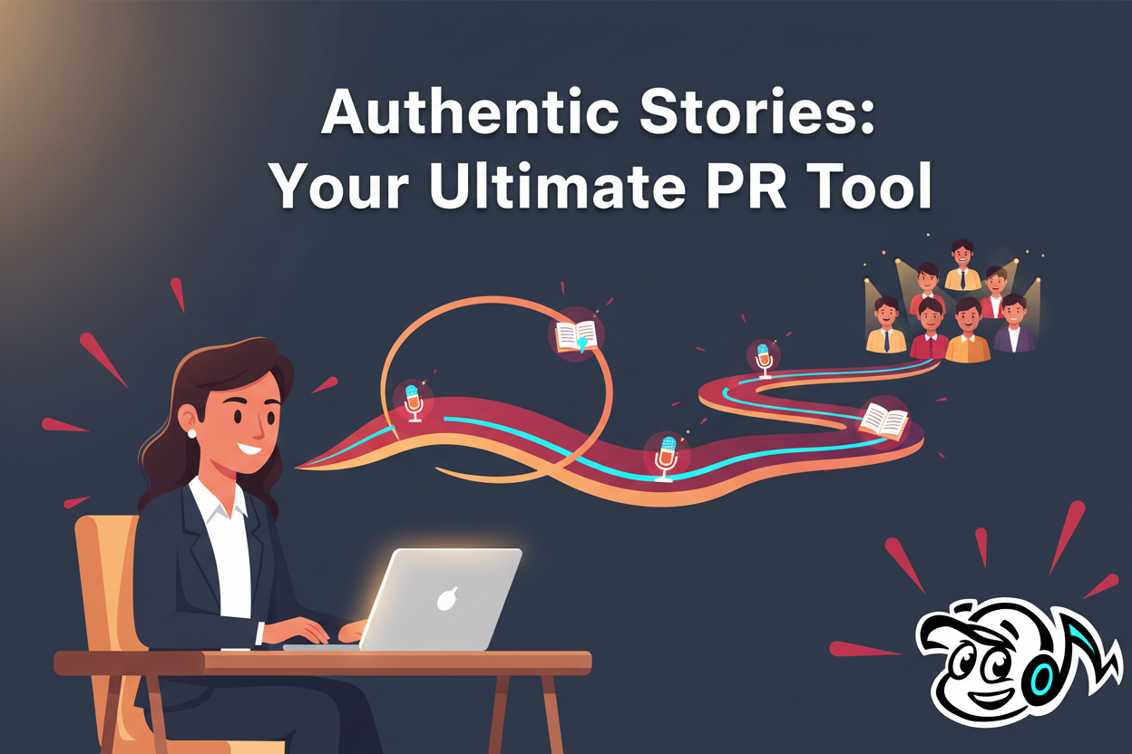 An entrepreneur at a desk, their story visualized as a path connecting to an audience, symbolizing authentic entrepreneurial storytelling and PR.