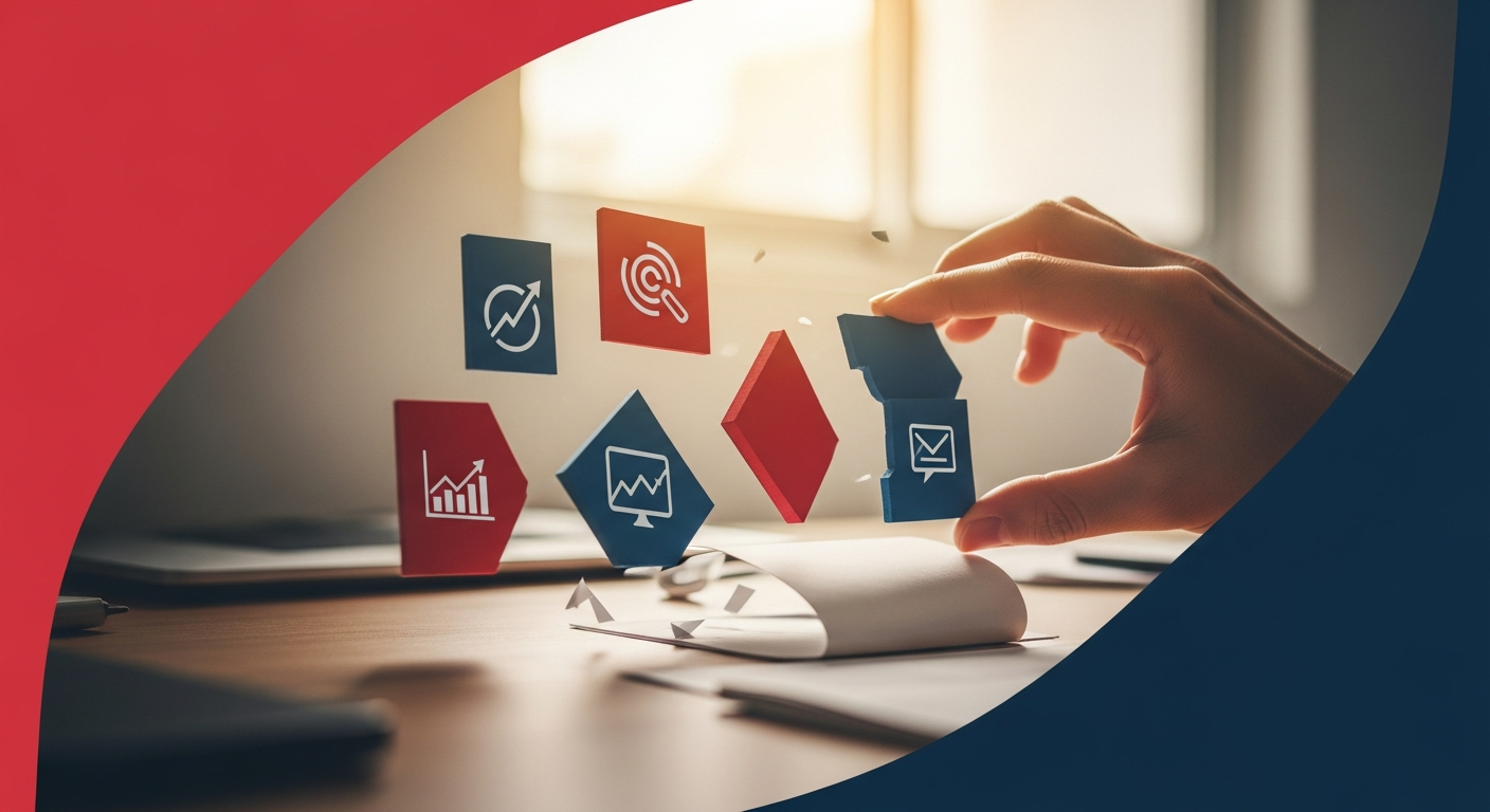 Conceptual image of fragmented business elements being shaped into a cohesive, authentic story, illustrating narrative crafting.