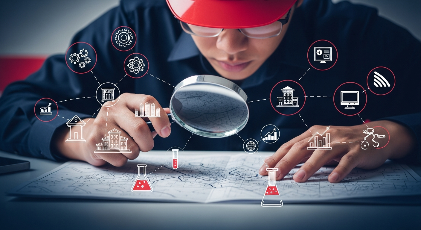 An individual using a magnifying glass to meticulously examine a detailed map, symbolizing the process of defining and deepening expertise within a specific niche.