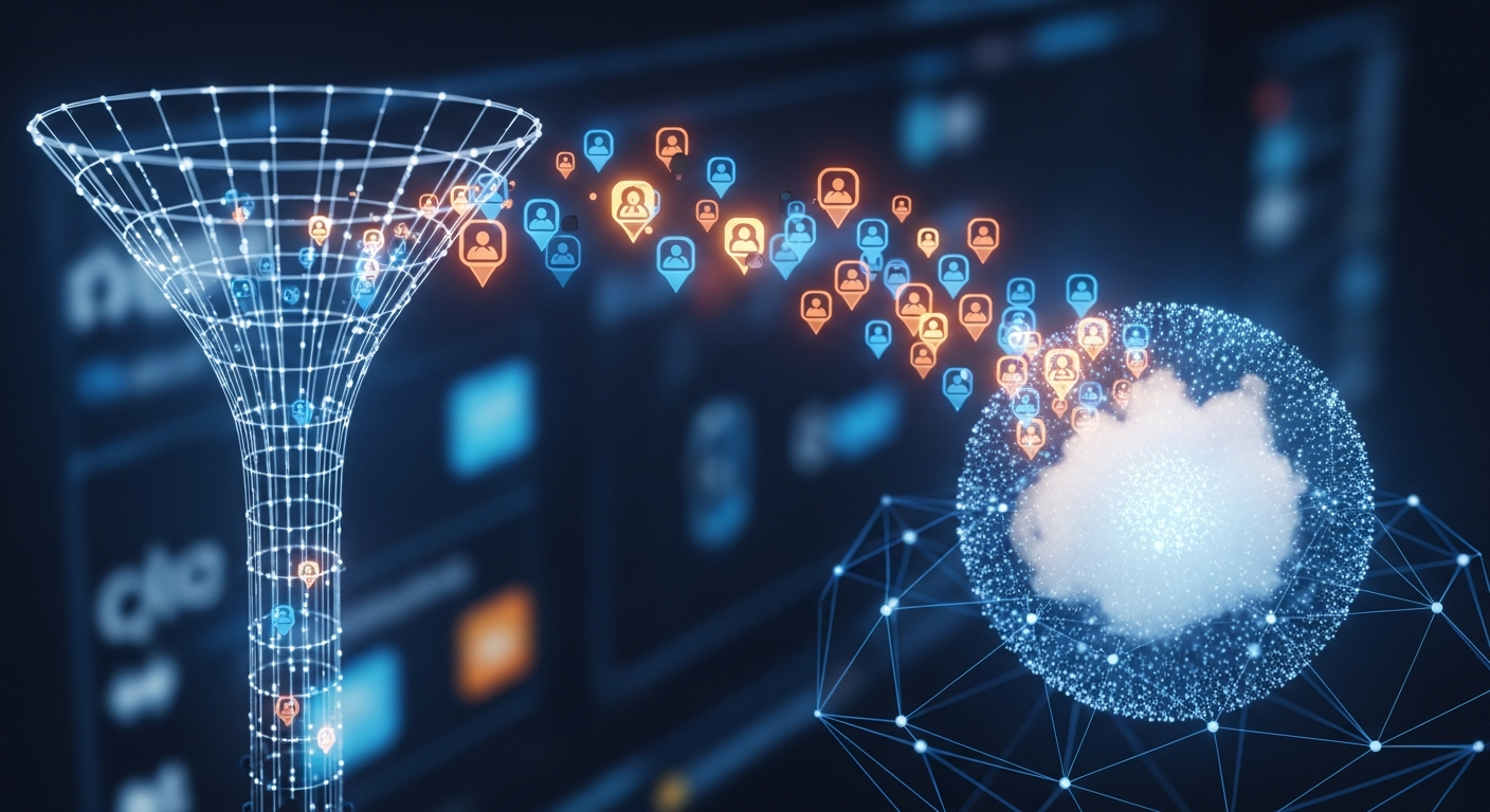 Conceptual image showing digital data points flowing into a growing network, representing music fan data collection and audience growth through an artist marketing strategy.