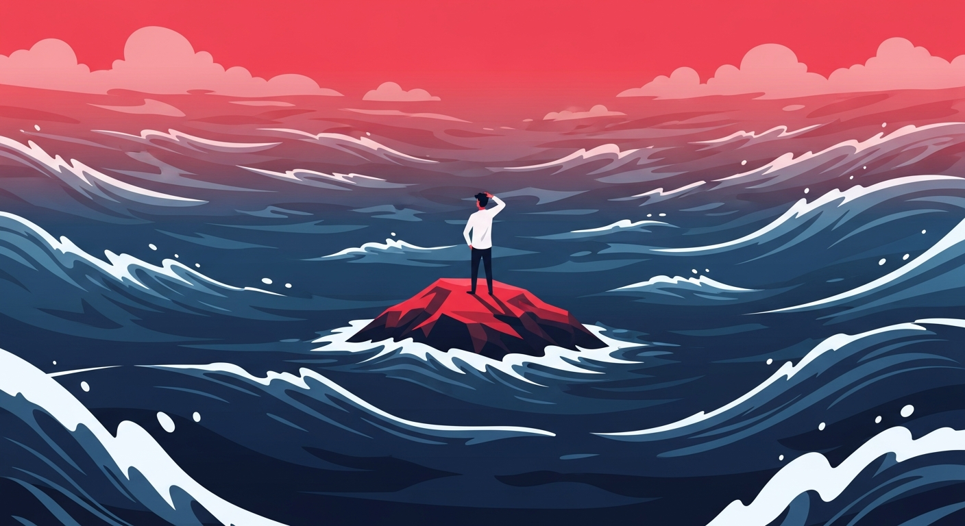 A lone consultant on a small island in a digital ocean of content, representing the struggle to stand out online.