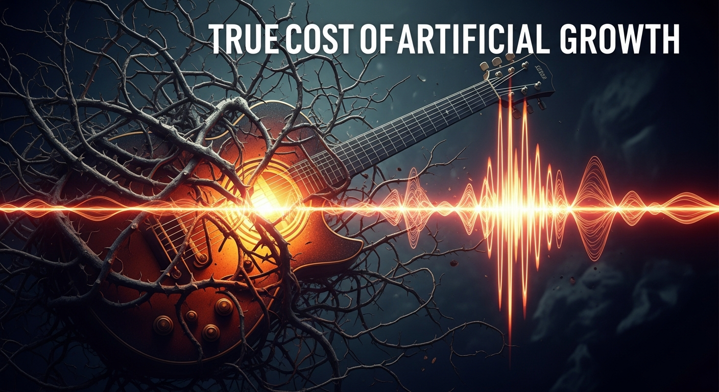 Image illustrating the true cost of artificial growth, with thorny vines choking a musical instrument, symbolizing the damage fake music streams cause to an artist's career.