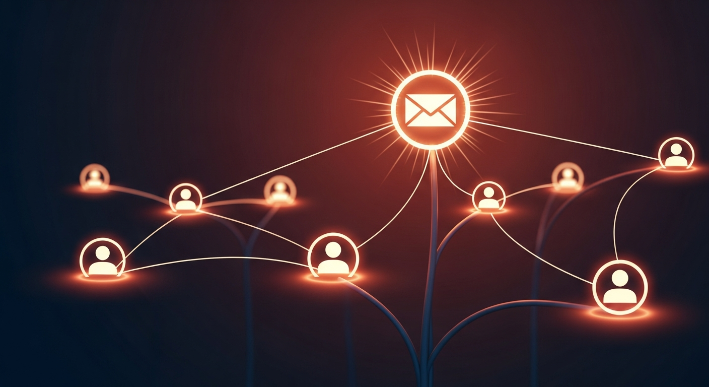 Conceptual image of an email icon connecting to a network of engaged subscribers, representing a thriving organic newsletter community.