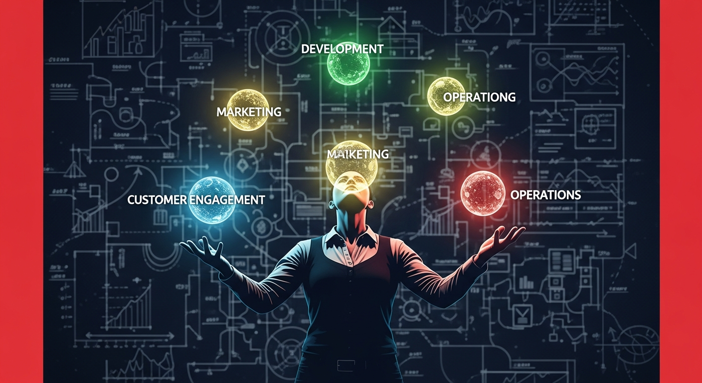 A person juggling multiple tasks like development, marketing, and operations, illustrating the challenges and strategic preparation required for a successful product launch.