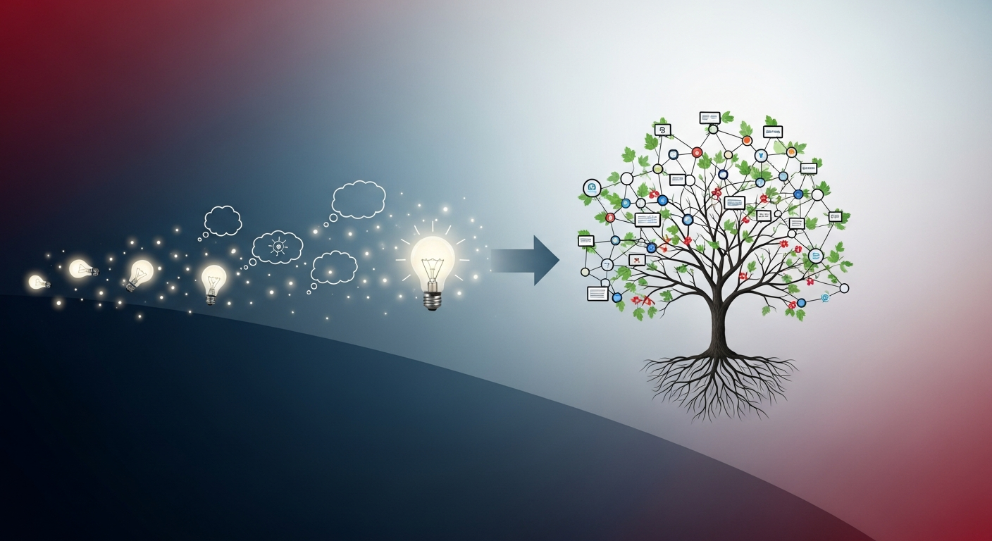 Conceptual image showing the transformation of a founder's ideas into structured, credible content, symbolizing growth and visibility.