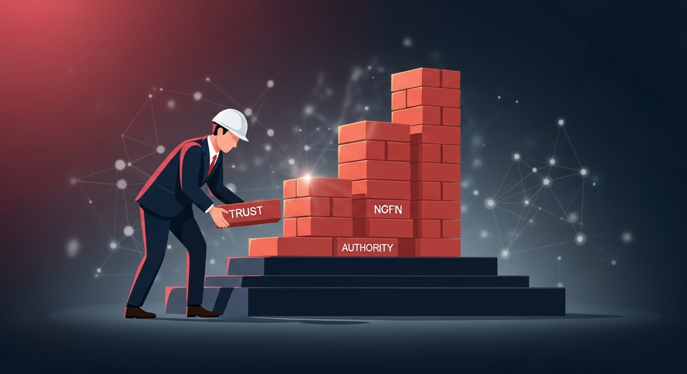 Illustration of a founder building online trust and authority brick by brick, representing consistent, authentic effort.