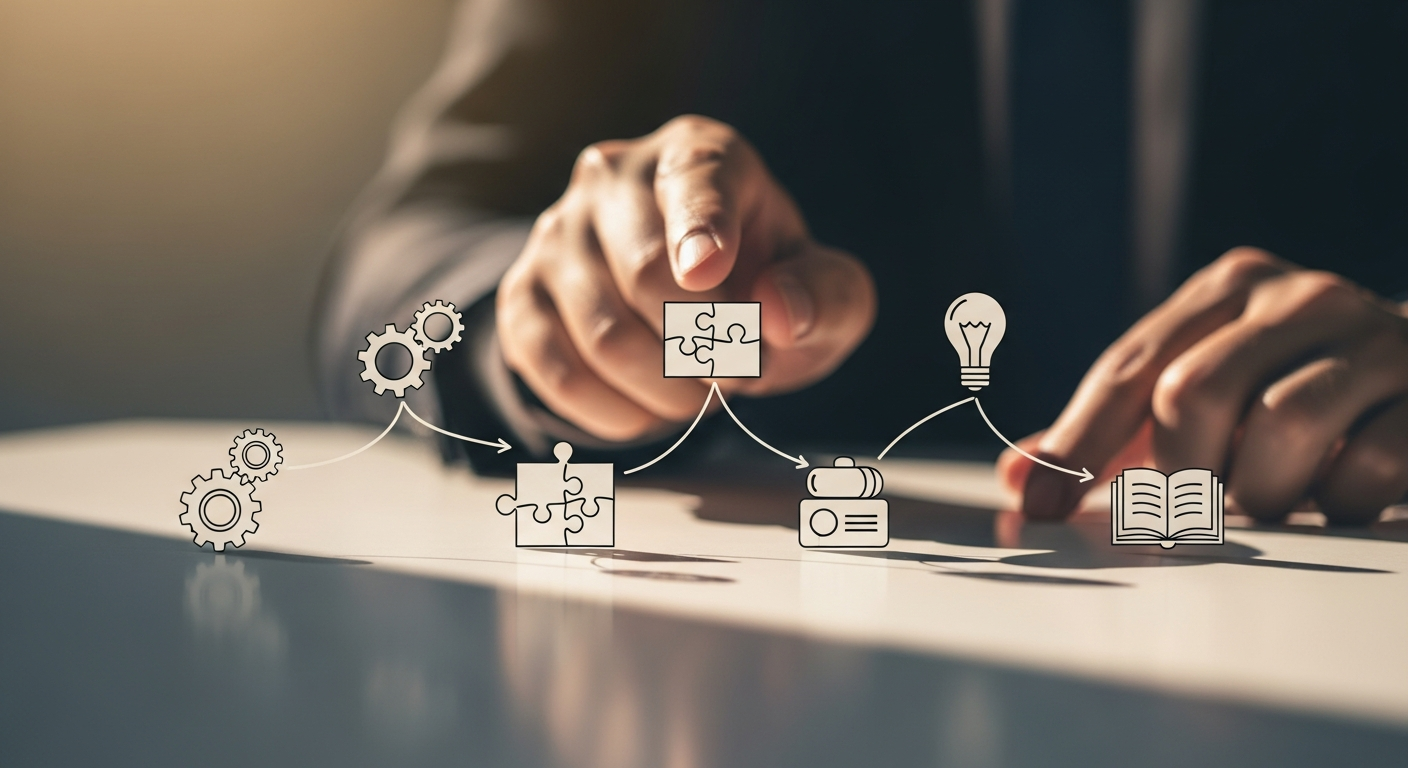 Conceptual image showing operational experiences being organized and connected, symbolizing the process of building a coherent founder narrative and authentic leadership from real-world lessons.