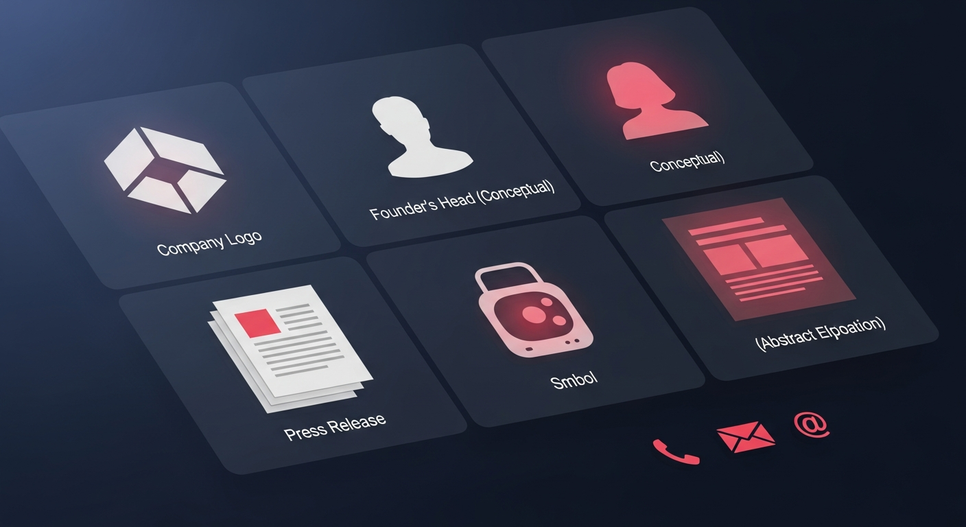 Visual representation of a modern press kit's components including logo, headshot, product image, and press release on a screen.