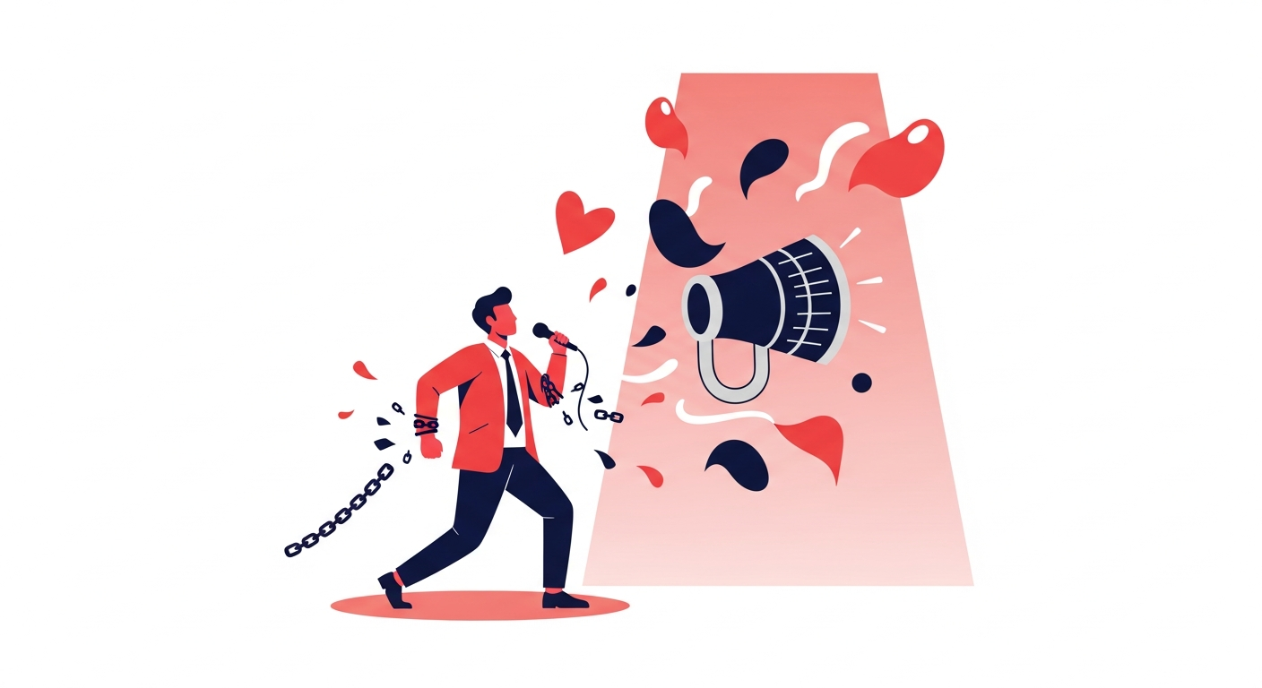 Illustration of a founder breaking free from public speaking anxiety, gaining confidence and clarity.