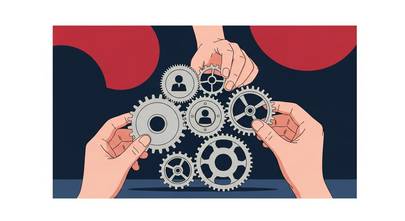 Hands carefully assembling gears or puzzle pieces, symbolizing the intricate process of building trust and credibility through a founder's authentic public voice.