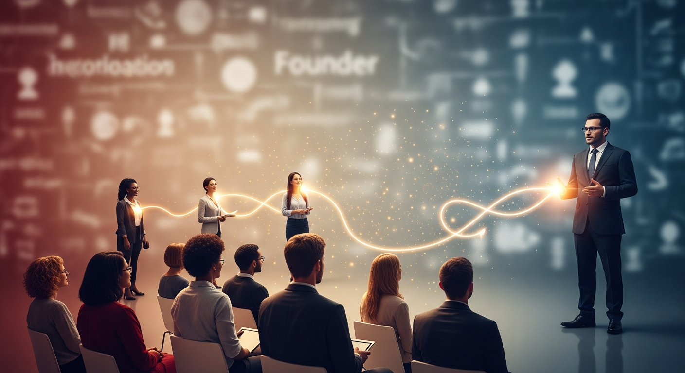 An illustration showing a clear, authentic founder narrative cutting through market noise to connect with an audience.