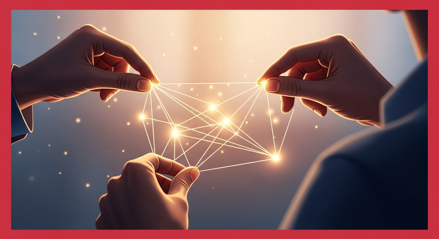 Abstract illustration of hands connecting glowing threads, symbolizing the intricate process of building trust and fostering emotional connection through authentic storytelling.