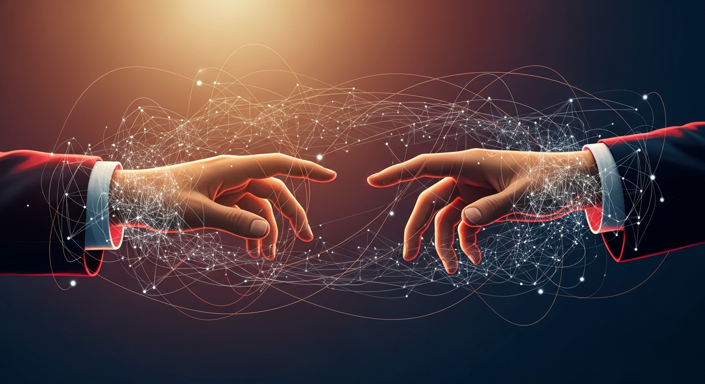 Hands reaching out, symbolizing human connection and rapport between a founder and their audience, representing trust and shared vision.