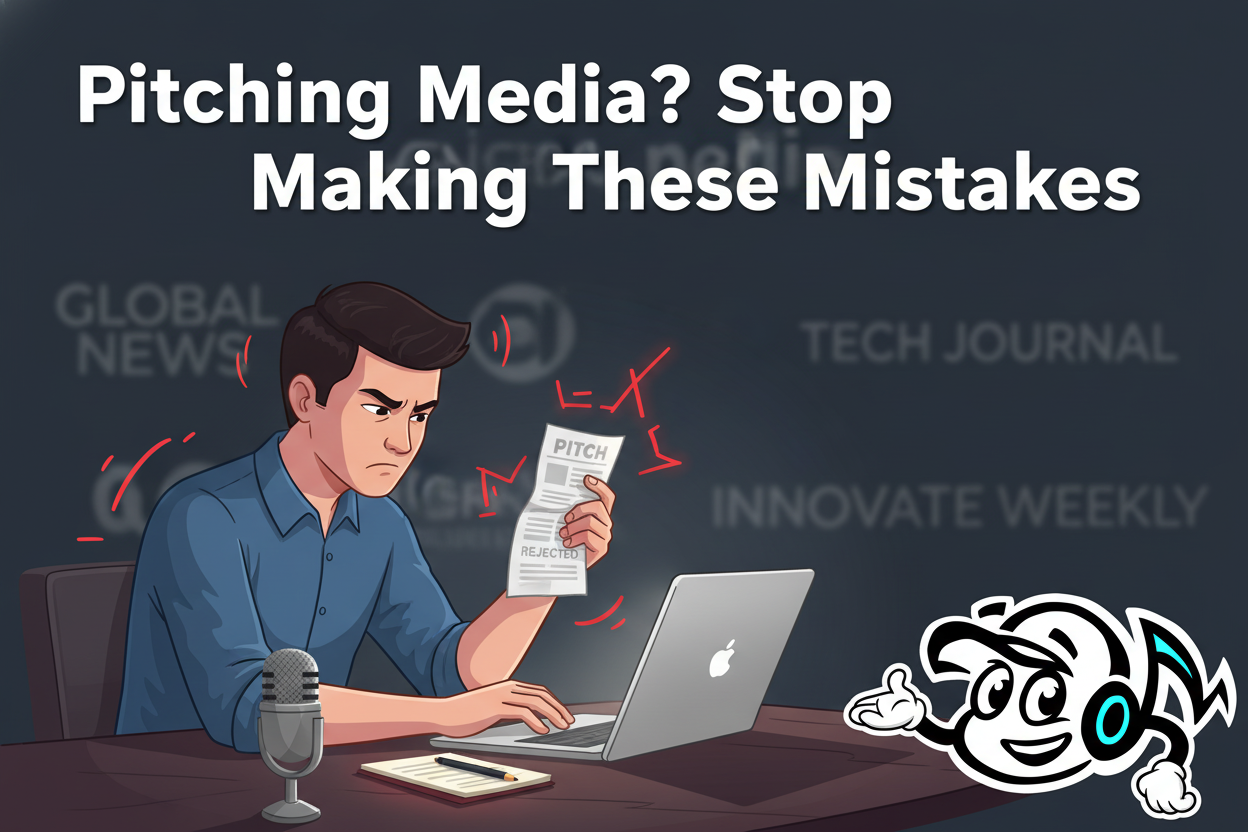 A frustrated founder reviewing a rejected media pitch email on a laptop, symbolizing common pitching mistakes.