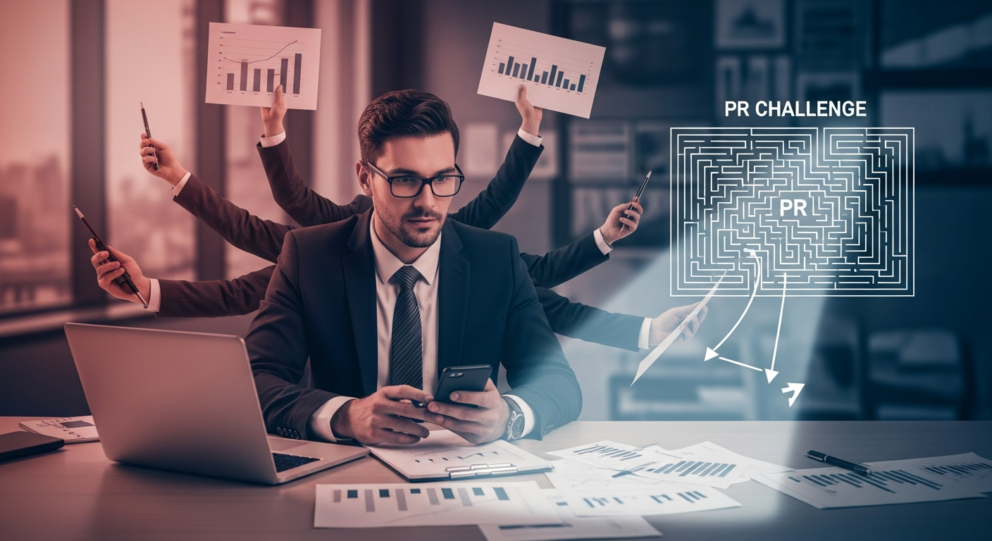 A founder juggling tasks, facing a complex maze, symbolizing the challenge of navigating PR and media outreach without expert help.