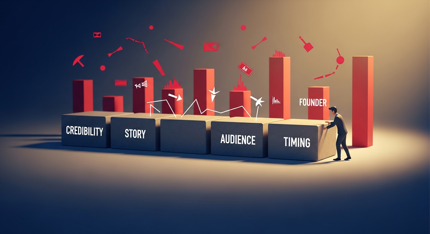 Illustration showing building blocks of credibility and strategic steps for effective early-stage PR.