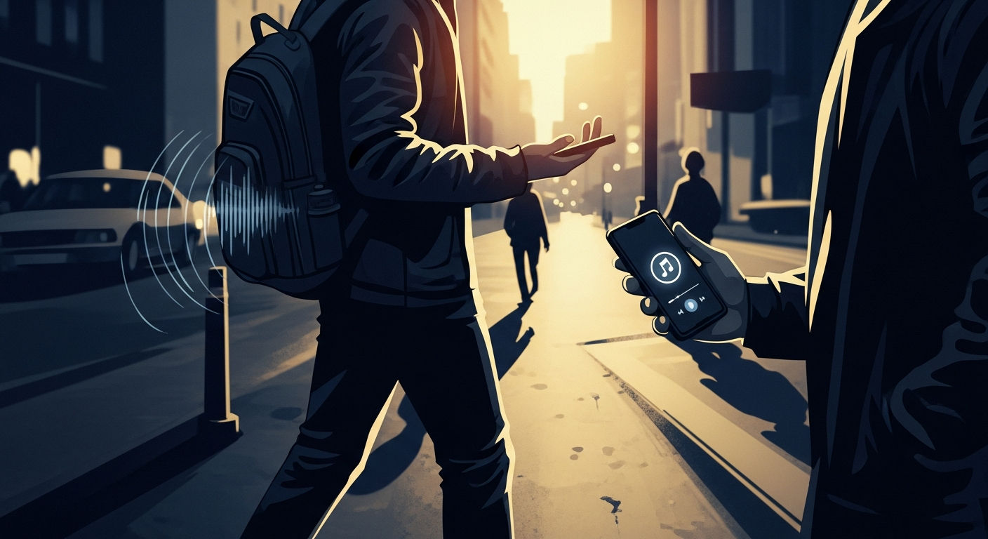 Indie artist engaging in guerilla music marketing, promoting new music release by connecting with potential fans face-to-face in an urban setting.